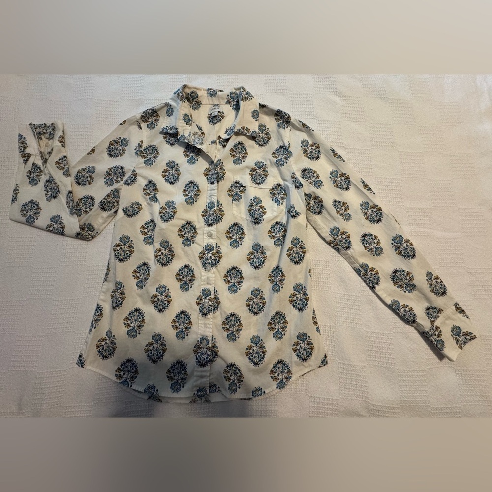 J. Crew White Long-Sleeve Button-Down with Blue & Yellow Floral Medallions Women